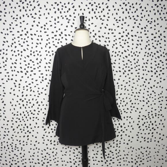Eloquii Black Split Long Sleeve Tie Belt Wrap Top - Picture 3 of 12